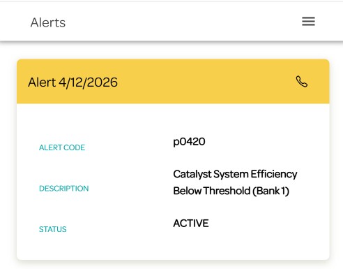 Owner app alert card: code P0420, Catalyst System Efficiency Below Threshold (Bank 1), status active, with a button to call the dealership.