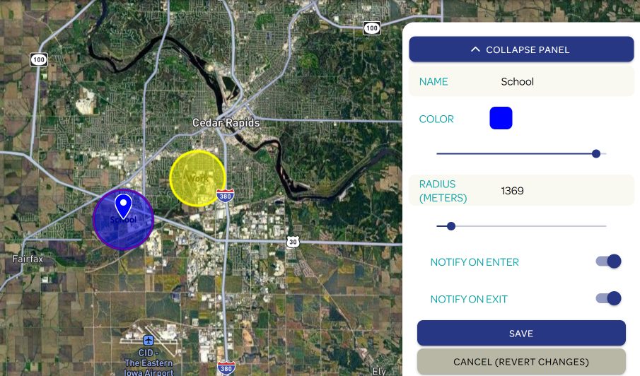 Owner geofence editor with zones named School and Work, a radius setting, and switches to notify on enter and on exit.