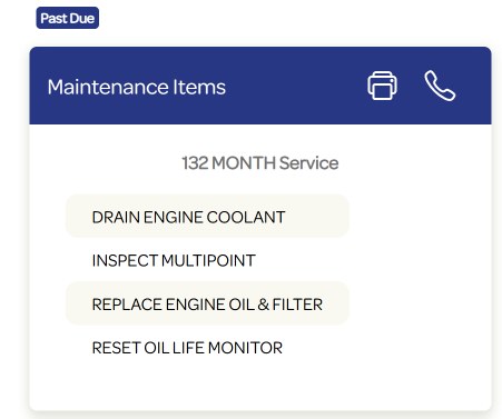 Maintenance card in the CarChief owner app: the 132-month service is past due, listing drain engine coolant, inspect multipoint, replace engine oil and filter, and reset oil life monitor.