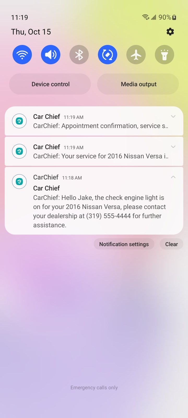 Real CarChief push notifications on an Android phone: a check-engine alert, a service notice and an appointment confirmation.