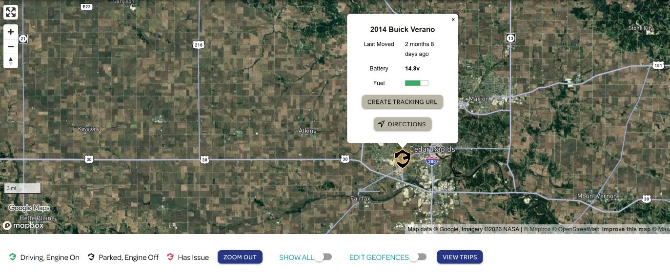 Owner map showing a 2014 Buick Verano near Cedar Rapids with last moved, battery, fuel and directions.